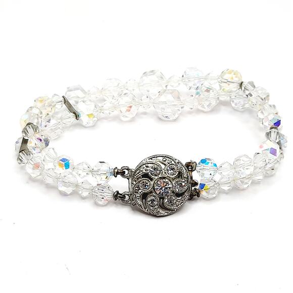 Vintage 1950s Wedding Bracelet, Aurora Borealis Crystal Beads, Rhinestone Clasp - Picture 1 of 14